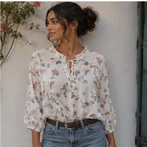 Angela Moda Made in Italy White Silk Blouse with Pink and Blue Floral Details